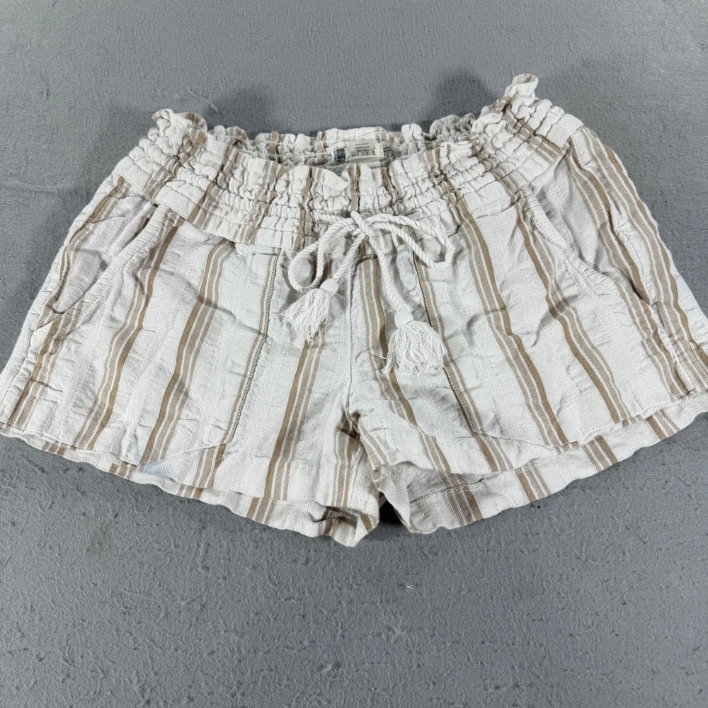 Roxy Womens Striped Smocked Paperbag Waist Shorts Cream Tan Tassel Boho Small
